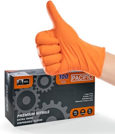 PACIFIC 8-mil Guanti Monouso In Nitrile Arancione, con Finitura Diamantata, Heavy-Duty, Extra Resistenti, per Industriali, Meccanici, Senza Lattice, Senza Polvere, EN 374, XL/10
