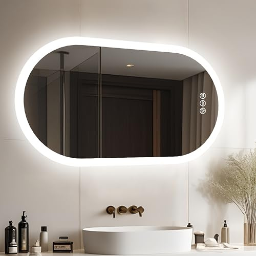 LUVODI Badrumsspegel med LED-ljus, oval, 100 x 50 cm, badrumsspegel, imfria badrumsspeglar med justerbart bakgrundsbelyst ljus, modern, smart spegel, touchströmbrytare och uttag