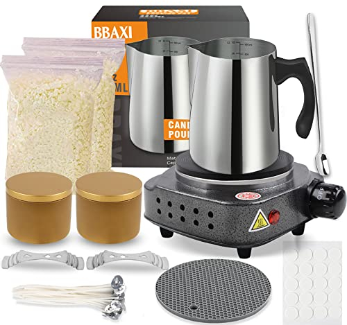 BBAXI Candle Making Kit with Electronic Hot Plate,Candle Wax Melter for Melting Wax,Including Melting Pot, Wax Melter hot Plate,1lb Soy Wax,Stain Spoon,Cotton Wicks,Center Devices,Wick Stickers