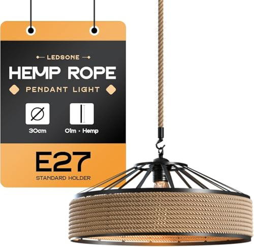 LEDSone Paralume a sospensione in metallo e corda, 30 cm+cavo paralume da soffitto con anello riduttore paralume per soggiorno, camera da letto, cucina e lampada da terra