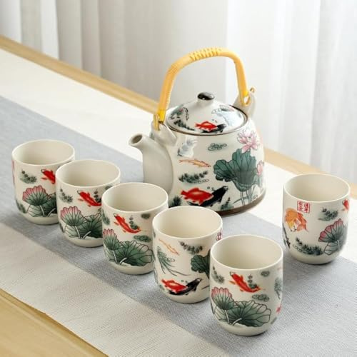 MOZEO 34oz Large Ceramic Tea Maker with Stainless Steel Infuser for Loose Leaf Tea or Bags, Tilting Pot, Floral Lotus Design, 1000ml/33.8oz Teapot, 6pcs 6oz Cups
