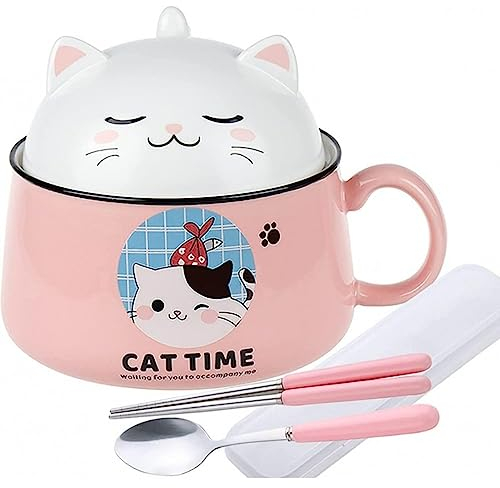 lachineuse - Bol à Ramen Japonais avec Couvercle - Bol Chat Kawaii - Bol Nouilles Instantanées & Petit-Déjeuner - Avec Couverts - Idée Cadeau Anime Japon - Bol Chinois Enfant Adulte - Coloris Rose