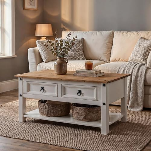 CARO-Möbel Couchtisch Campo im Mexiko-Stil Wohnzimmertisch Beistelltisch Kiefer massiv, braun/weiß lackiert mit 2 Schublade