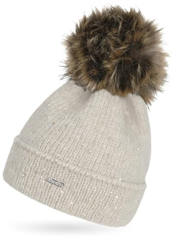 Neverless® Damen Strick-Mütze mit Fellbommel und Innenfutter Fleece Kunstfell Bommelmütze Glitzer-Effekt Umschlag