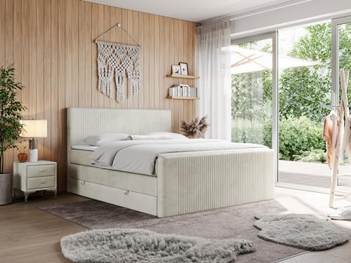 MKS MEBLE Boxspringbett Doren King 160x200 cm, Polsterbett mit Kopfteil und Bettkasten, Bett mit Multipocket-Matratze H4, Boxspringbett mit Topper T25 - Beige Velvet