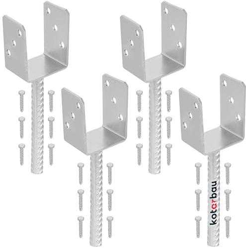 KOTARBAU® Juego de 4 soportes para postes de hormigón, U 81 mm, acero galvanizado en caliente, anclajes de hormigón para postes de madera, acero estriado, anclaje para postes, manguito de suelo,
