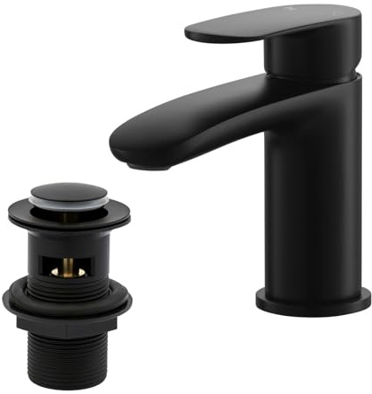 Basin Mixer Tap with Drain, BATHWEST Brass Bathroom Sink Taps with Waste, Modern Bathroom Taps with Pop Up Waste 492BK (Black, Large)