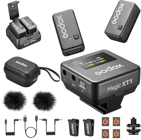 GODOX Magic XT1 trådlös tvättmikrofon, kameramikrofon (2 TX + 1 RX med laddningsfodral), minimikrofon med brusreducering, 16 timmars batteri, 200 M/60 fot pekskärm