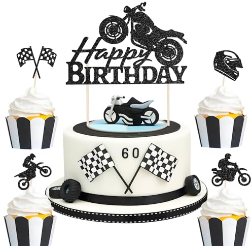 9pcs Moto Décoration de Gâteau Joyeux Anniversaire Gâteau Topper Happy Birthday Cake Cupcake Toppers Noir à Paillettes Personnalisée forme Bannière Moto Chapeau Décoration pour Garçons Filles Hommes