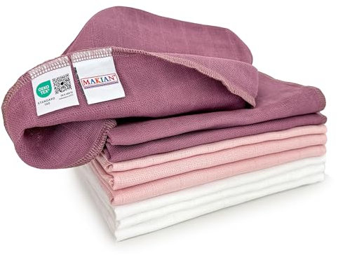 MAKIAN Mullwindeln 9er Pack, 40x40 cm, Oeko-TEX® Standard 100 geprüft, 9 Spucktücher in Premium Qualität - 4-lagige Stoffwindeln/Mulltücher - Orchidee/Puder/Weiß