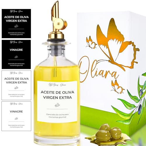 OLIARA Aceitera Cristal Antigoteo (350ml) – Botella Vidrio Grueso con Dosificador Dorado (Gold) – Dispensador Aceite y Vinagre con Set de Etiquetas de Diseño (Blanco/Negro) – Ideal Mesa y Regalo