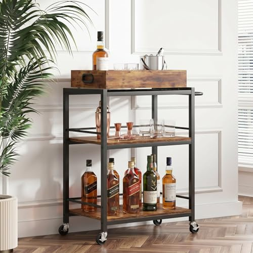 VonDream 3-Tier Rolling Bar Cart with Removable Tray for Home Kitchen