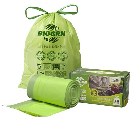 2.6-3 Gallon Compostable Trash Bags Drawstring 50 Bags Extra Thick 1 Mil 11.36 Liter Small Biodegradable Trash Bags for Kitchen Countertop Bin ASTM D6400, US BPI and OK Compost Home Certified