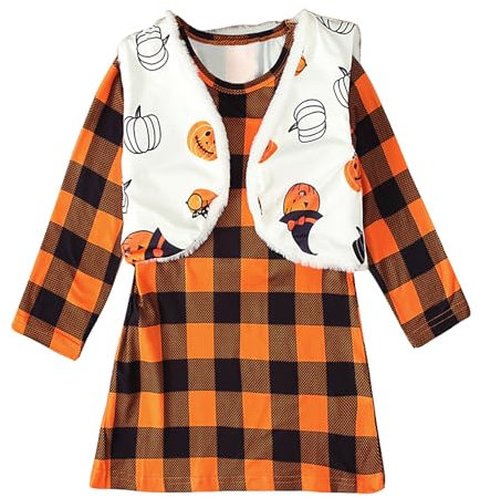 Mädchen Halloween Kleider Modische Schöne Kleinkind Insgesamt Kinder Plaid Mädchen Baby Halloween Set Tops Rock Kleid Weste Mädchen Outfits & Set Mädchen Kleider Halloween Festlich (Orange, 6-7 Years)