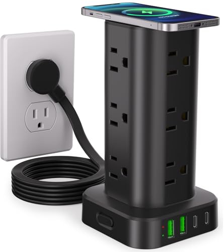 Power Strip with Wireless Charger, Flat Plug Surge Protector with 6FT Extension Cord, 12 AC Multiple Outlets, 4 USB (2 USB C), 15W Wireless Charging Power Tower for Home Office Dorm, Black