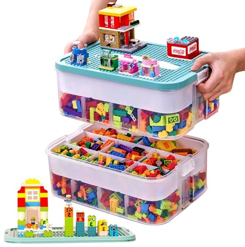 alouweekuky Caja Almacenaje para Lego con Tapa, 2 Capas Caja Almacenaje Plastico para Lego Organizadoras, Caja Almacenamiento Apilables Transparente para Guardar los Juguetes de los Niños