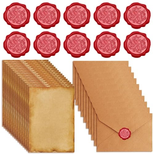 Set Di Vintage Carta da Lettere con Busta,16 carta da Lettere,10 Buste di carta vintage e 10 Adesivo Sigilli di Cera,per Scrivere e Disegni zongsexinzhi(Marrone)