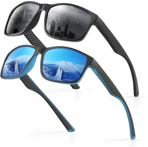 2er-Pack Sonnenbrille Herren Polarisiert Damen UV400 Schutz Sport Sunglasses Men Women Unisex Ultraleichte Rechteckig Rahmen Schwarz Polarisierte Sonnenbrillen für Angeln, Fishing, Fahren, Ski 3