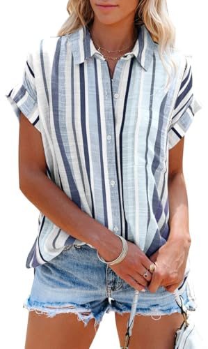 Cicy Bell Blusa de manga corta para mujer, diseño de rayas, cuello en V, camisa a rayas para verano, informal, con botones