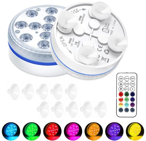 yotutun Lumière LED Submersible, Eclairage Piscine LED avec Télécommande RF et Ventouse Étanche IP68 Éclairage Submersible Multi-couleur pour Jardin, Baignoire, Spa, Vase (2 Pièce)