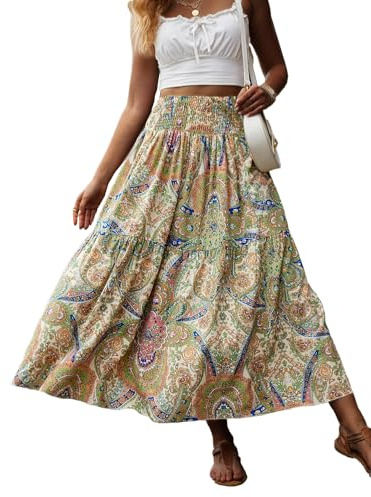 JENJON Donna Gonna Lunga Stampata Fiori Bohémien 2 in 1 Abito da Spiaggia Casual Estivo Elegant Elastica Gonna