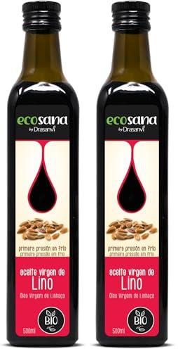 DRASANVI ECOSANA Aceite de Lino Bio | Alto Contenido en Omega 3 además de 6 y 9 | Laxante Natural | Aporte de Fitoestrogenos | Protección Cardiovascular | Para Utilizar en Crudo |500 ml (Paquete de 2)