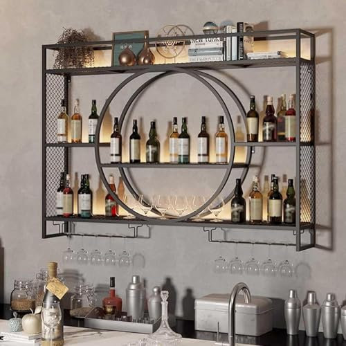 Weinregal zur Wandmontage, mit Barregal und Regalen, schlankes Design für Zuhause, Bar, Weinaufbewahrung für Barschrank, Schwarz, 120 x 15 x 80 cm