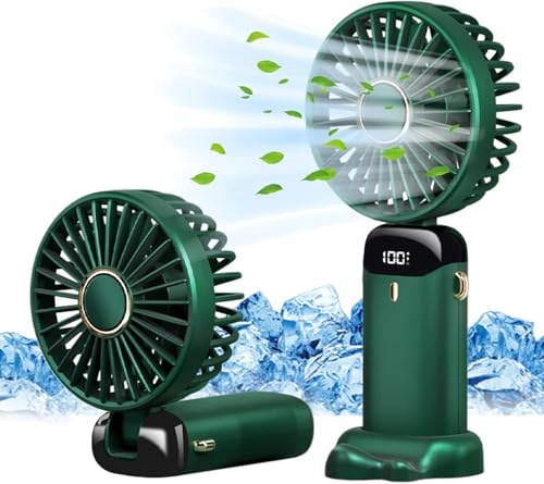 Hand Held Fan,Portable Handheld USB Rechargeable Fans with 5 Speeds,Battery Operated Mini Fan Foldable Desk Desktop Fans with LED Display for Home Office Bedroom Outdoor Travel (Green)