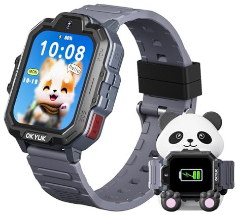 OKYUK T17 smartwatch bambini, 4G orologio bambino, GPS per bambini, SOS, chat vocale, SMS, modalità scuola, giochi e stazione di ricarica Panda, orologio per ragazze e ragazzi（Grigio）