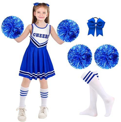 Maazusa Cheerleading Kostüm Mädchen 6 Stück Cheerleading Outfits mit Tutu-Rock Blumenbommel Socken Haarband Retro Style für Halloween Karneval Motivpartys (Blau, 9-10Y)