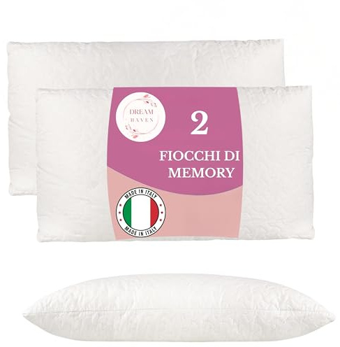 DREAM HAVEN Coppia Guanciali in Fiocco di Memory Foam – Cuscini Letto Matrimoniale Traspiranti e Morbidi – Guanciali Letto Coppia Anallergici – Cuscini Letto Memory Made in Italy