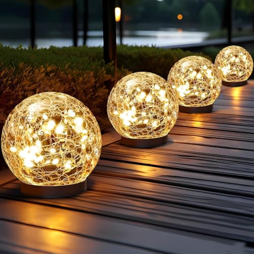 4PCS Garden Solar Lights Cracked Glass Round Ball Light Outdoor Decor, Waterproof Decorative Warm LED for Landscape Walkway Backyard Patio Yard Lawn Pathway Garden Decoration(Yellow Light)