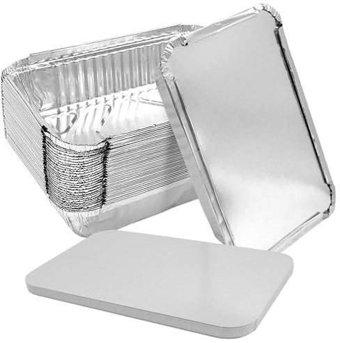 inheming 30Pcs Aluminium Foil Trays with Lids, 900ML Tin Foil Trays Containers,Fryer Foil Containers for Roasting, Grilling, Baking, Freezer, 21 * 14 * 5CM, Microwave, Air Fryer & Oven Safe