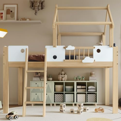 Oxtao Hochbett 90x200CM, Kinderbett mit Fallschutz und Gitter, Einzigartiges Dachdesign, Mit Dreistufige Schrägleiter, Rahmen aus Kiefer, Kiefer+MDF+Sperrholz, Weiß+Natur