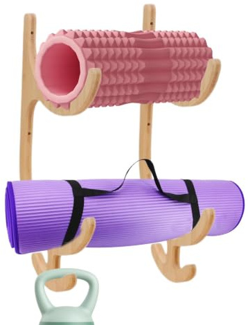Soporte De Pared Para Esterilla De Yoga – Soporte Resistente De 41 X 25 Cm, Estante Multifuncional De Madera, Organizador De Pared Con 4 Ganchos Para Esterillas, Bandas De Resistencia, Cuerdas Para Sa