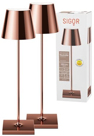 SIGOR Nuindie 2.0 Akku-Tischlampe, 2er-Set, kupferfarben | Dimmbar • Indoor & Outdoor • IP54 • 38 cm • USB-C • 12 h Leuchtdauer