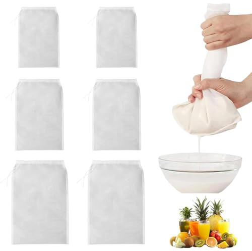 EJRUP 6 Pièces Sac a Lait Vegetal Nylon, Sac Filtrant Reutilisable, Etamine Alimentaire, Passoire Tissu Blanc, Sac Filtrant pour Jus de Légumes et Fruits, Café, Lait Avoine (3 Tailles)