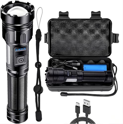 ELECTROMANIA - Linterna LED Táctica Recargable 2000mAh – Zoom Ajustable, 7 Modos, Imán Potente, Resistente al Agua, Powerbank, Incluye Maletín, Correa y Cable USB-C