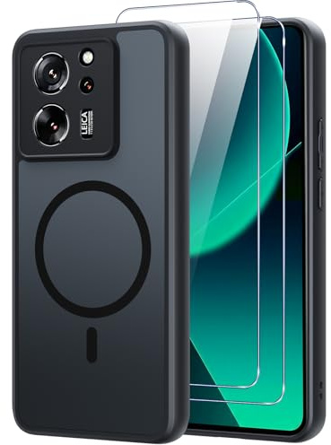 Pnakqil Funda Magnética para Xiaomi 13T/13T Pro con 2 Piezas Cristal Templado, Compatible con magSafe Carcasa Translúcida Mate Trasera Fina Antigolpes para Xiaomi 13T/13T Pro, Negro