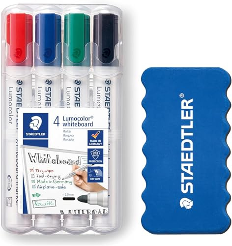 STAEDTLER Whiteboard Marker Lumocolor, ca. 2 mm Linienbreite, trocken und rückstandsfrei abwischbar von Whiteboards, hohe Qualität, Set mit 4 Markern inklusive Schwamm, 351 WP4P1X (4 stück (1er Pack))