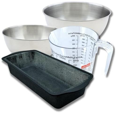 Zenker 9377350 Set à Pâtisserie Moule à Cake 31,5 cm, Silicone Fibre de Verre, Gâteaux, Brioches, Pains, 2 Bols Inox 20,5 et 25 cm, Verre Mesureur Plastique 1 L, Spatule, Noir, Rose