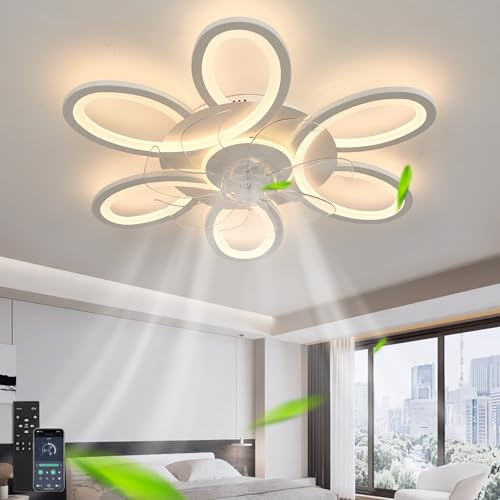 Cucummn Lampe Ventilateur Plafond Moderne Pour Chambre À Coucher, 65cm, 3000K- 6500K, Lustre Ventilo 6 Vitesses Réversibles, Silencieux, Avec Fonction Dimmable LED, Mémoire Et Télécommande, Blanc