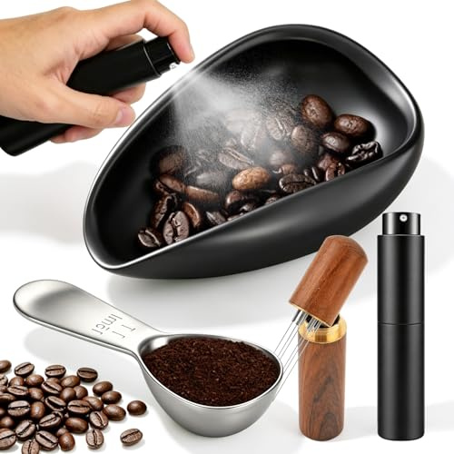 4 Accesorios Café Set con Pulverizador Agua 10mL Cucharas Medidoras Inox 15 mL Distribuidor Café de 6 Agujas Plato Dosificador Cerámica Café para Cafe Filtro Espresso Kit Barista Profesionales