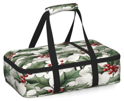 Mexpekil Cacerola aislada de hojas de acebo de Navidad para alimentos fríos o calientes, impermeable, bolsa de almuerzo