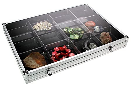 SAFE Alu-Sammelvitrine mit 12 Fächern | Klarsichtdeckel, stabile Aluminiumeinfassung und gegliederter Innenraum