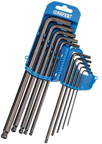 Draper 10 Piece Hexagon and Ball End Allen Key Set | Metric/Imperial Combined Extra Long Pattern Hand Tools | Hex Key Wrench Kit | Long Arm Chrome Vanadium Steel Kit | Foldable Storage Holder | 33719
