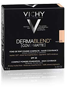 Vichy, Dermablend Covermatte, Fond de Teint Poudre Compacte, Anti-Imperfections, Longue Tenue 12H, Haute Couvrance, SPF 25, Adapté aux Peaux Sensibles, Teinte : Nude 25, 9,5 g