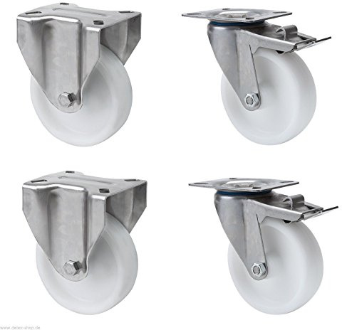 Satz je 2 Transportgeräterolle Bockrolle Lenkrolle totalfeststellbar Edelstahl 150 mm Rad aus Polyamid Anschraubplatte V2A INOX Edelstahlrolle mit Totalfeststeller Bremse Polyamidrad