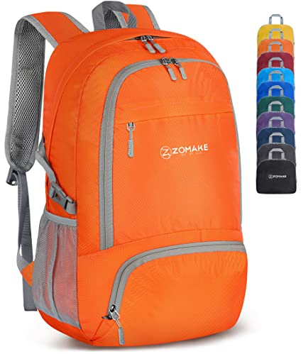 ZOMAKE Leicht Faltbarer Rucksack Packbare Backpacks 30 L,Kleiner Faltbar Wanderrucksack Wasserdicht für Damen Herren Outdoor Wandern (Orange)