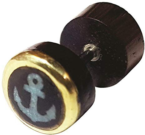 CHICNET Kvinnor män falsk plugg piercing lobe stretch tunnel av trä i mörk med rostfritt stål stift skruvlock, kant guld, krossad turkos sten ankare pentagram Om Malteser kors, Trä